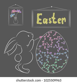 Easter Greeting Card whith "Easter " phrase, bunny painting an Easter egg. Vector Illustration.