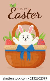 Tarjeta de felicitación de Pascua con cesta de mimbre y huevos de Pascua. Carteles felices de Pascua, tarjetas de felicitación, afiches, portadas de vacaciones.