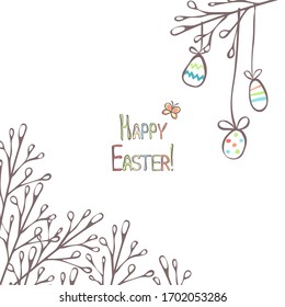 Easter greeting card with willow branches and eggs