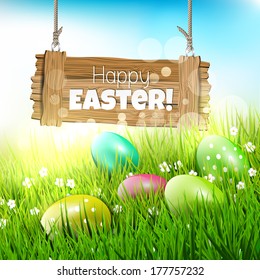 Easter Greeting Card With Wooden Sign And Colorful Eggs In Grass - Vector Illustration