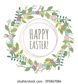 Easter greeting card with wreath from floral elements on white background