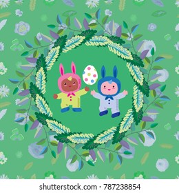 Easter greeting card. Wreath of leaves. Children dance in the costumes of Easter rabbits. Playing with Easter eggs. Children's Carnival. Seamless pattern.