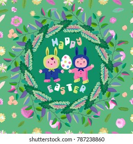 Easter greeting card. Wreath of leaves. Children dance in the costumes of Easter rabbits. Playing with Easter eggs. Children's Carnival. Seamless pattern of leaves and flowers.