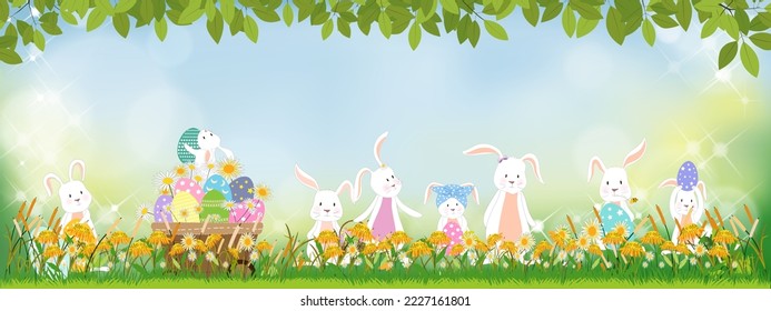 Easter greeting card,Cute Bunny hunting Easter Eggs on grass field on sunny day Spring,Vector Cute cartoon rabbits and hunny bees flying in grass field with blurry bokeh light effect background