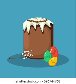 Easter greeting card.Easter cake,eggs and willow branch.Vector illustration in flat style