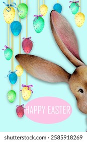 Easter greeting card.Easter design, hand drawn bunny, eggs, bows, pastel colors vector illustration.