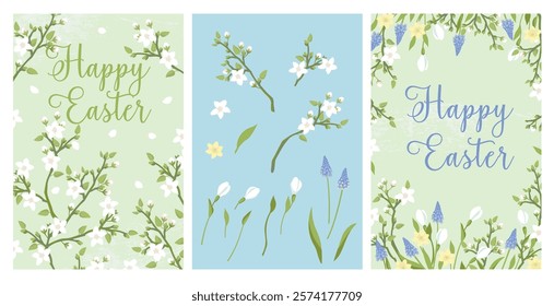 Easter greeting cards, blossoming  tree branches, grape hyacinth and snowdrop, elements for creating  Easter  postcards, posters and background