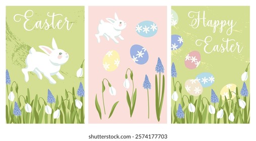 easter greeting cards, Easter bunny,  Easter eggs, blossoming grape hyacinth and snowdrop, elements for creating  easter  postcards, posters and background