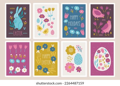 Easter greeting cards with bunny, flowers, eggs, hen, tulip, berries, leaves in Pink, Yellow, Blue, White. Perfect for seasonal spring and summer decoration. Vector illustration