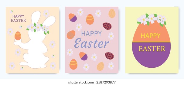Easter greeting cards with a bunny silhouette, floral decorations, colorful eggs, pastel backgrounds, and festive text.