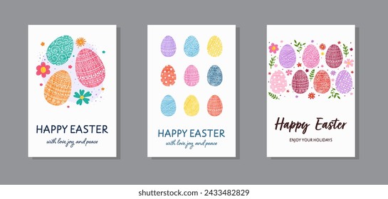 Easter greeting cards collection. Background with painted eggs and flowers. Vector illustration