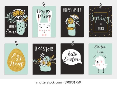 Easter greeting cards collection. Cute Easter bunny and chick, watering can with flowers and gold texture. Set of bright holiday invitations.