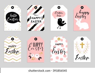 Easter greeting cards collection. Cute Easter bunny and chick, watering can with flowers and gold texture. Set of bright holiday invitations.