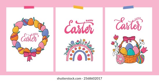 Easter greeting cards collection decorated with lettering quotes and doodles. Posters, banners, invitations design. EPS 10