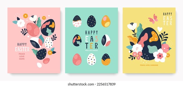 Easter greeting cards collection. Vector cartoon illustration of three cards with Easter modern eggs and abstract spring flowers on pink, blue, and yellow backgrounds