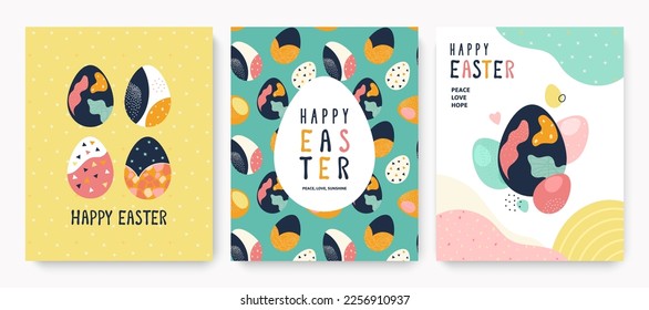 Recogida de tarjetas de felicitación de Pascua. Ilustración de dibujos animados de tres cartas con huevos modernos de Pascua y formas abstractas sobre fondo rosa, azul y amarillo