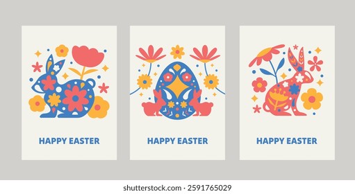 Easter greeting cards with decorative bunny, egg, plant. Easter cover, poster, social media post template.