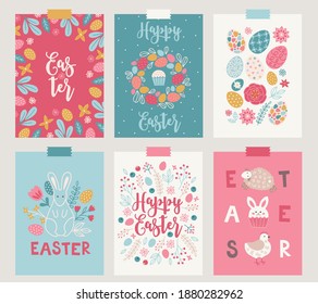 Easter greeting cards with eggs, berries, bunny, sheep, hen, leaves, cupcake, wreath, flowers, bouquet. Scandinavian style. Perfect for spring holidays. Vector illustration