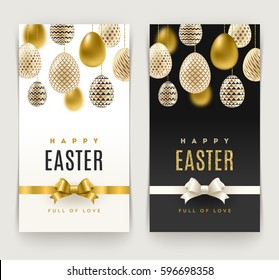 Easter greeting cards with Eggs decorated with gold. Vector Illustration. 