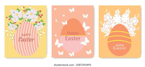 Easter greeting cards with floral arrangements, decorative eggs, pastel colors, delicate butterflies, and festive typography.