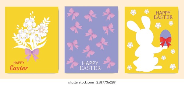 Easter greeting cards with floral bouquets, decorative bows, pastel eggs with red ribbons, and a bunny silhouette.