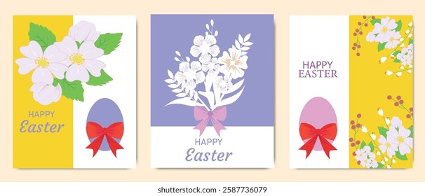 Easter greeting cards with floral elements, pastel colors, decorative eggs with red bows, and elegant typography.