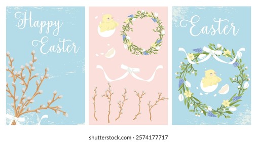 Easter greeting cards, flower wreath of blossoming tree branches, grape hyacinth, snowdrop. Willow branches, chick hatching from egg, elements for creating easter  postcards, posters, backgrounds