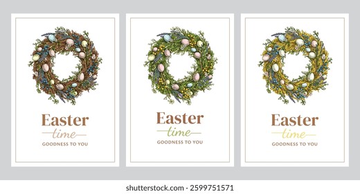 Easter greeting cards with hand drawn illustrations spring wreath.