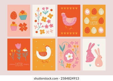 Easter greeting cards with hen, eggs, rabbits, cupcake, flowers, berries in Orange, Yellow, Pink, Green and White. Perfect for holiday decoration. Vector illustration