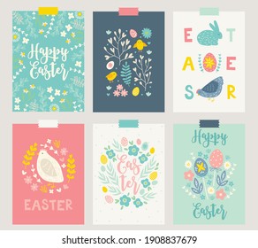 Easter greeting cards with hen, rabbit, eggs, flowers, leaves, chamomile, branches. Scandinavian style. Perfect for spring holidays. Vector illustration