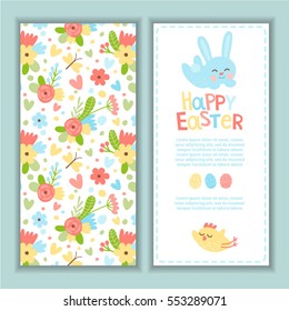?ute Easter greeting cards. Lovely spring colored concept with chick and rabbit for greeting cards and banners.