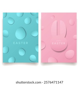 Easter greeting cards with minimalist designs templates,poster,cover,background,banner in pastel blue and pink featuring egg patterns and a bunny silhouette.Minimalist Easter Cards.Vector illustration