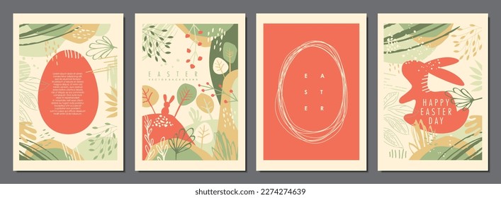 Easter greeting cards and postcards set with artistic drawing of Easter eggs and Easter bunny. Holiday posters and flyers collection with floral pattern. Vector brochure covers.