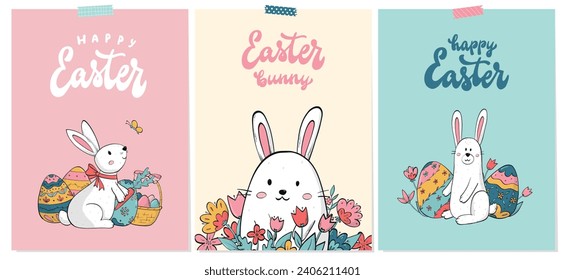 Easter greeting cards, posters, banners, invitations collection decorated with lettering quotes, bunnies and doodles. EPS 10