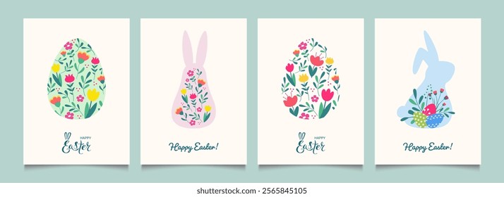 Easter greeting cards or posters with bright eggs, easter bunny and spring flowers. Minimalist banners, pattern backgrounds.  Vector illustration. 
