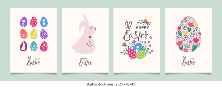 Easter greeting cards or posters with bright eggs, easter bunny and spring flowers. Minimalist banners, pattern backgrounds.  Vector illustration. 
