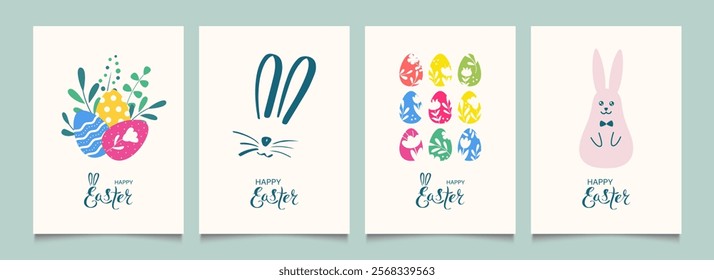 Easter greeting cards or posters with bright eggs, easter bunny and spring flowers. Minimalist banners, pattern backgrounds.  Vector illustration. 
