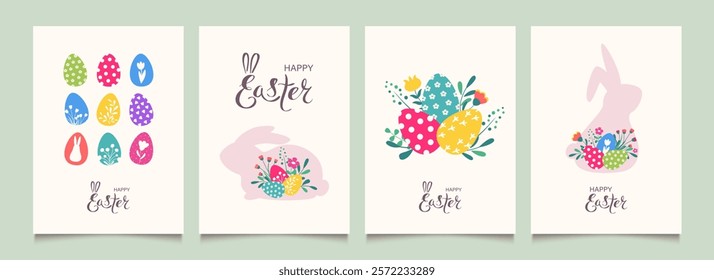 Easter greeting cards or posters with bright eggs, easter bunny and spring flowers. Minimalist banners, pattern backgrounds.  Vector illustration. 
