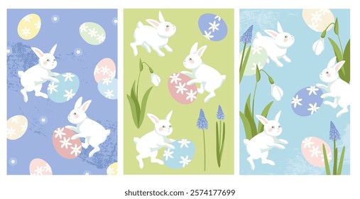 Easter greeting cards, Easter rabbit bunny,  Easter eggs, blossoming grape hyacinth and snowdrop, elements for creating  easter  postcards, posters and background