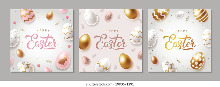 Easter greeting cards set. Collection of elegant banners with modern golden Easter eggs and handwritten calligraphy. Vector illustration