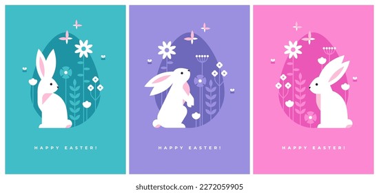 Tarjetas de felicitación de Pascua con un lindo conejo, flores y forma de huevo. Ilustración vectorial de estilo plano.