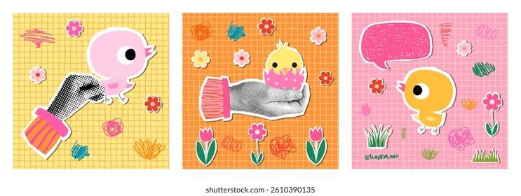 Easter greeting cards set with cute chickens, colorful halftone collage style spring backgrounds 