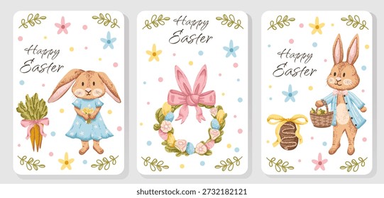 Tarjetas de felicitación de Pascua con conejito lindo, huevo y zanahoria. Plantilla de póster de Festiva