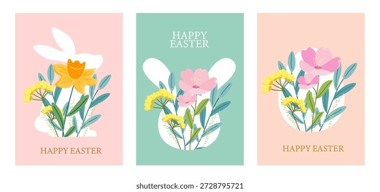 Ostergrußkarten mit floralen Designs und Hasen-Silhouetten und Ei auf weichem rosa und blauem Hintergrund. Osterclipart-Set