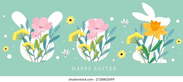 Cartões comemorativos de Páscoa com desenhos florais e silhuetas de coelho. A paleta de cores pastel apresenta rosa macio, amarelos e verdes em fundo branco. conjunto clipart.