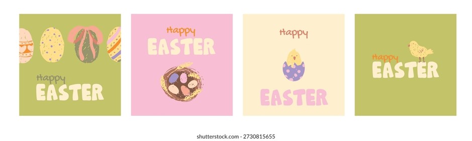 Tarjetas de felicitación de Pascua con conejitos y polluelos dibujados a mano, lindas Plantillas cuadradas pascuales para redes sociales e impresión