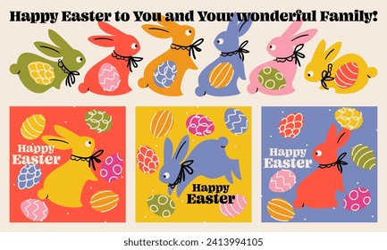 Easter greeting cards set with pretty bunnies. Retro style vector illustration of cute rabbits and multicolored easter eggs with various geometric patterns. Playful seasonal postcards