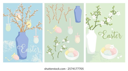 easter greeting cards, vase with willow branches and Easter eggs, vase with blossoming  tree branches, elements for creating  easter  postcards, posters and background