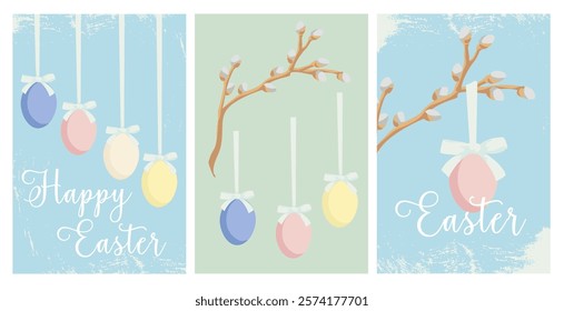 easter greeting cards,  willow branches and Easter eggs, elements for creating  easter  postcards, posters and background