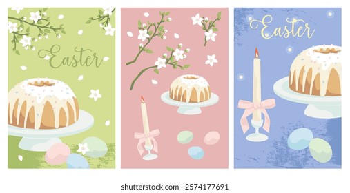 easter greeting cards,Easter cake, Easter eggs, candle, blossoming  tree branches, elements for creating  easter  postcards, posters and backgrounds